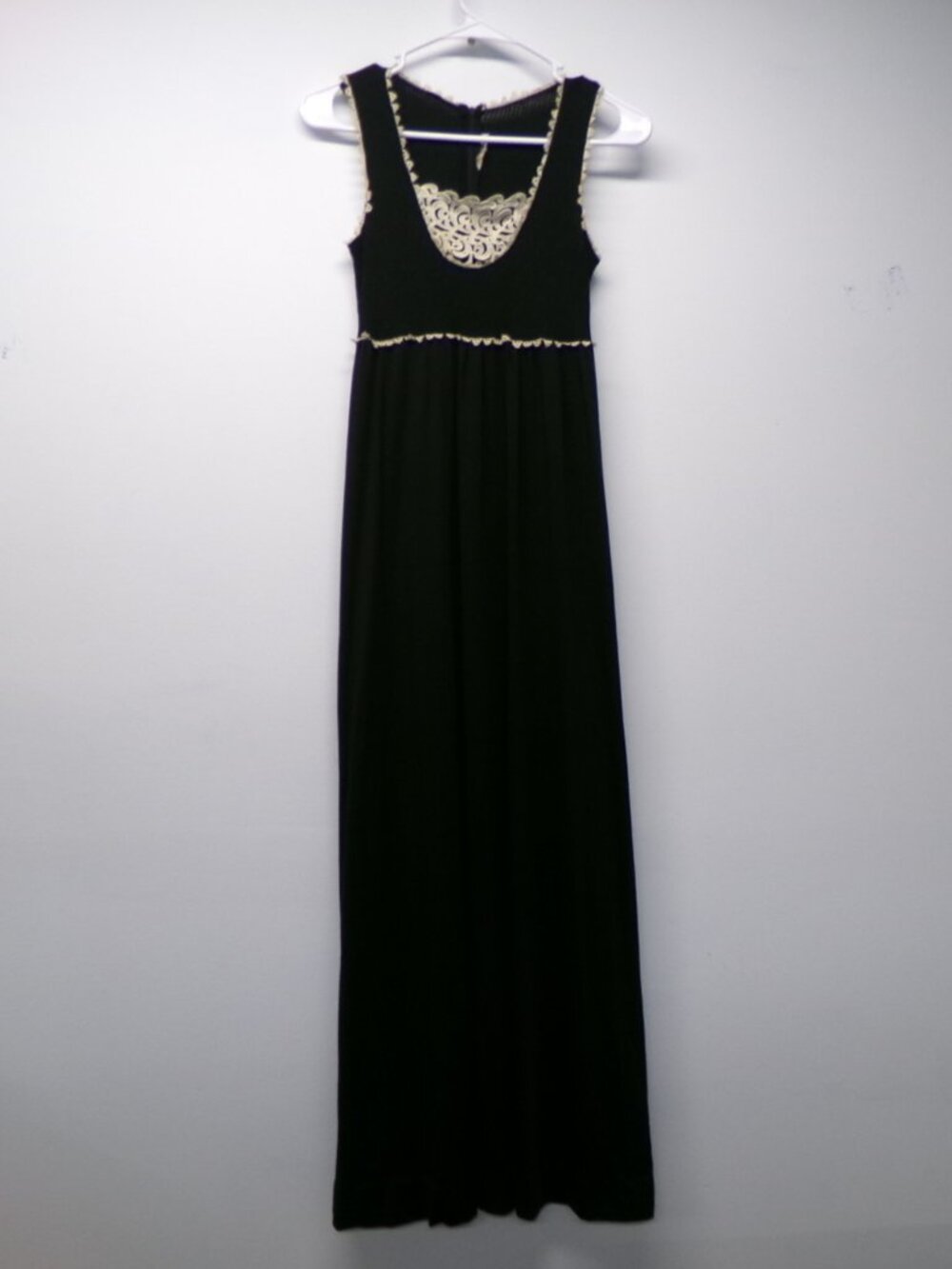 Vintage The Cottager For Junior Black Nylon Lace Trim Maxi Dress Empire Waist S